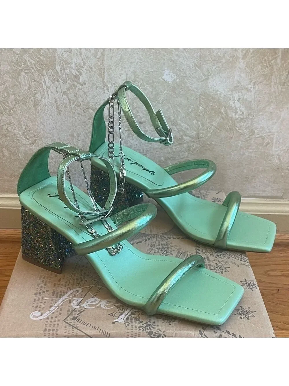 Free People Parker Silver Chain Heels Green Lime Metallic Sz 39